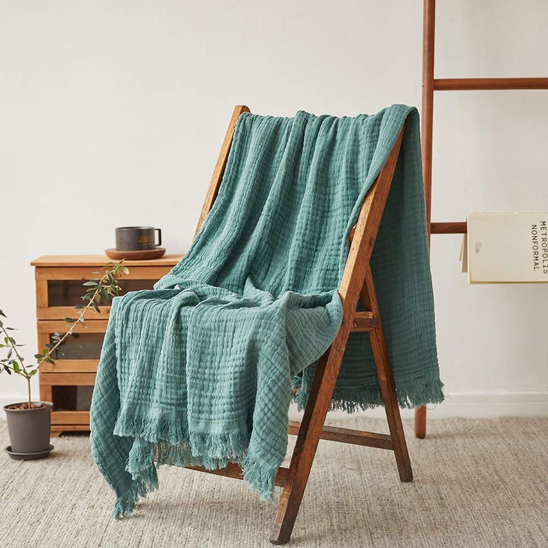 Simple&Opulence Cotton Muslin Throw Blanket for Bed, Couch, Knit Woven Gauze Blanket with Tassels, Soft Lightweight Cozy Pre-Washed Breathable Farmhouse Decoration for All-Season (Dark Green) - Image 1